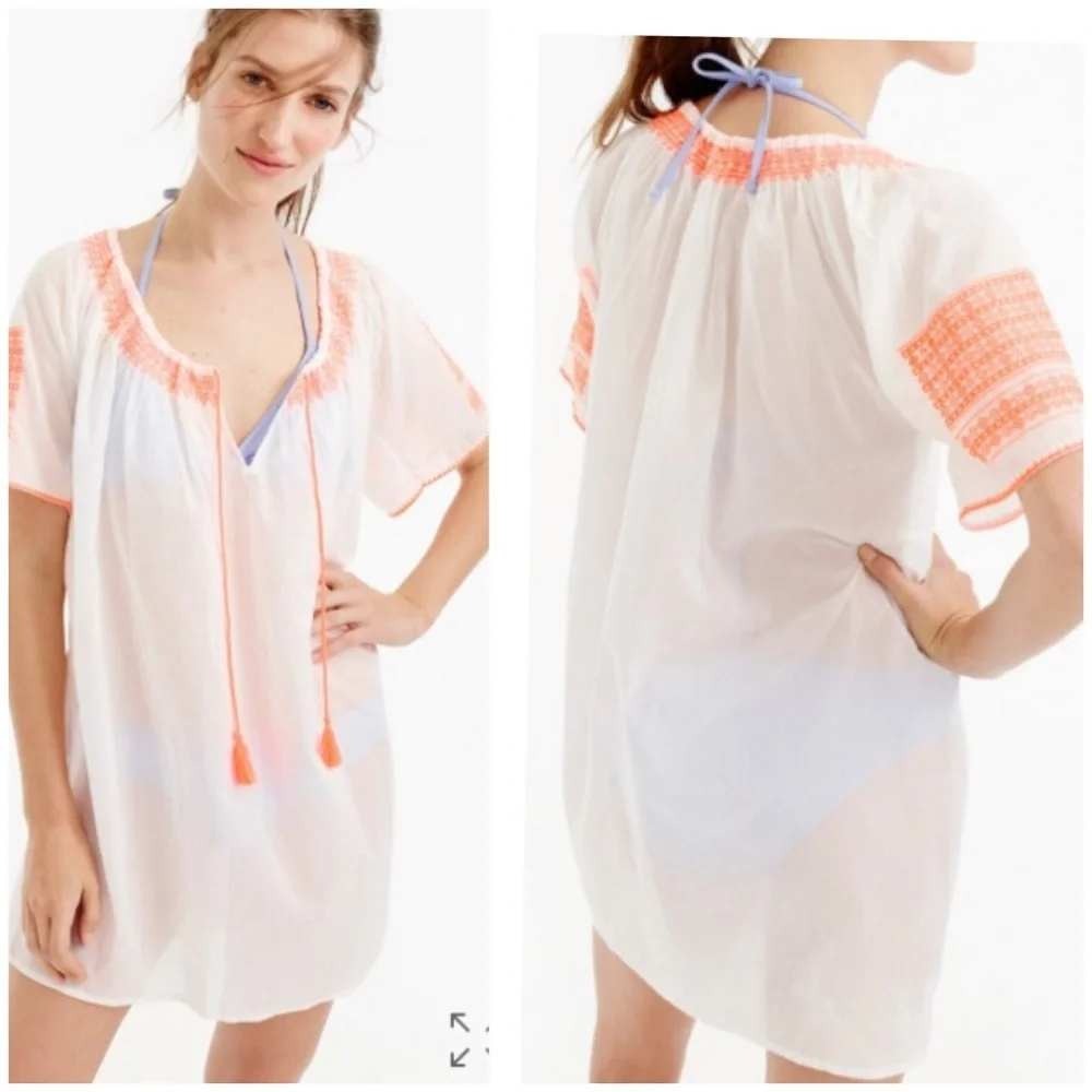 J Crew White Boho Tunic Top With Neon Orange Embroidery & Tassels 100% Cotton XL
